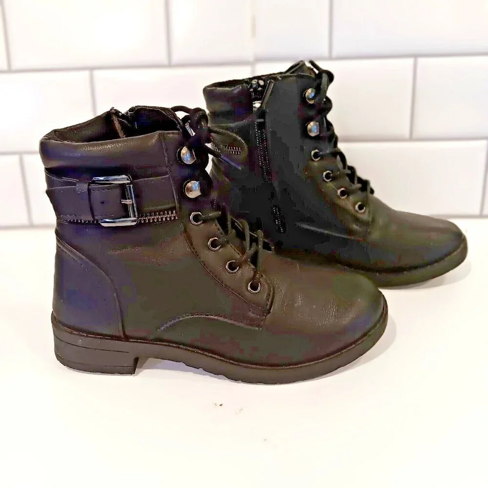 Mudd Youth Size 2 Black Combat Style Boots‎ with Tie & Zip Up w Zippers & Buckle